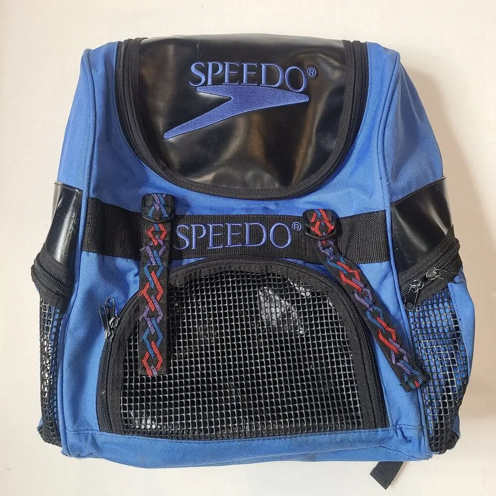 Vintage Y2K Speedo Large Blue Backpack Book Bag Swim Bag Sports Tribal Straps - Picture 1 of 8